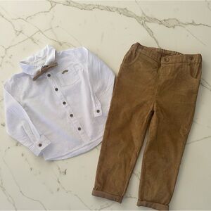 Little Gent Boys White Button-Up Shirt and Tan Brown Corduroy Pants Set